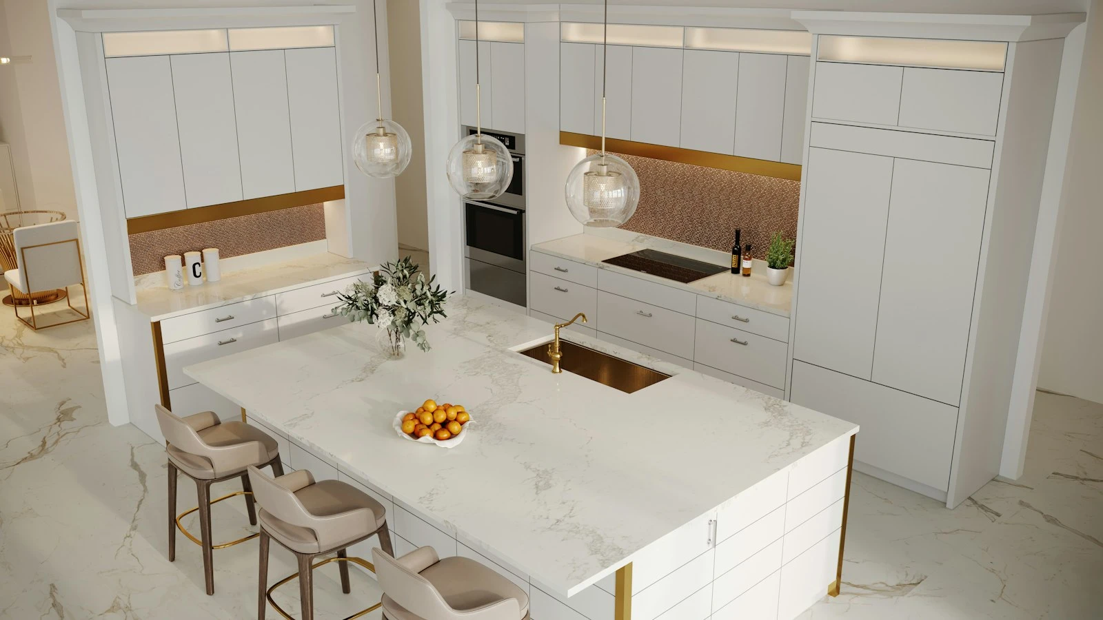 Kitchen with a long stone island and integrated joinery