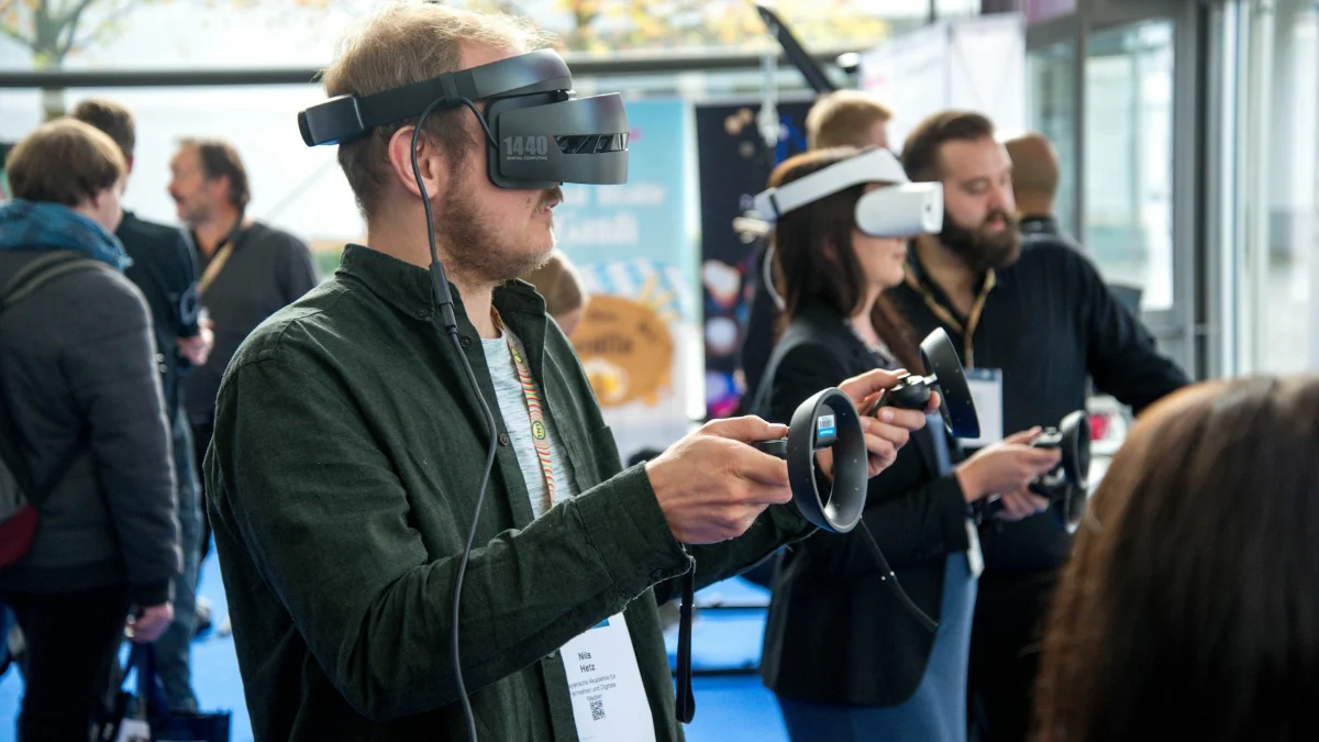 Person using a VR headset indoors during a design review