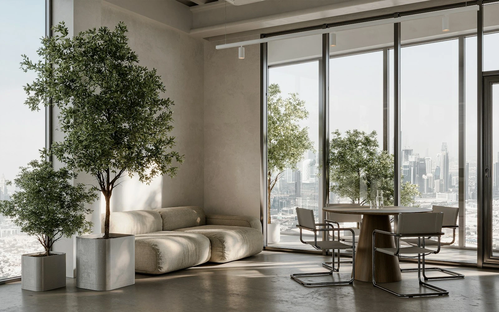 Bright apartment living and dining space with floor-to-ceiling glazing, indoor trees and a city skyline view
