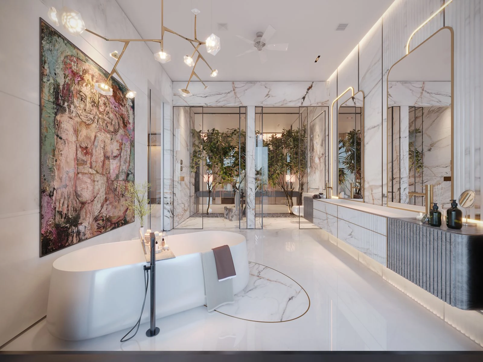 Luxury bathroom with a freestanding bath, marble floor, brass tapware and feature lighting