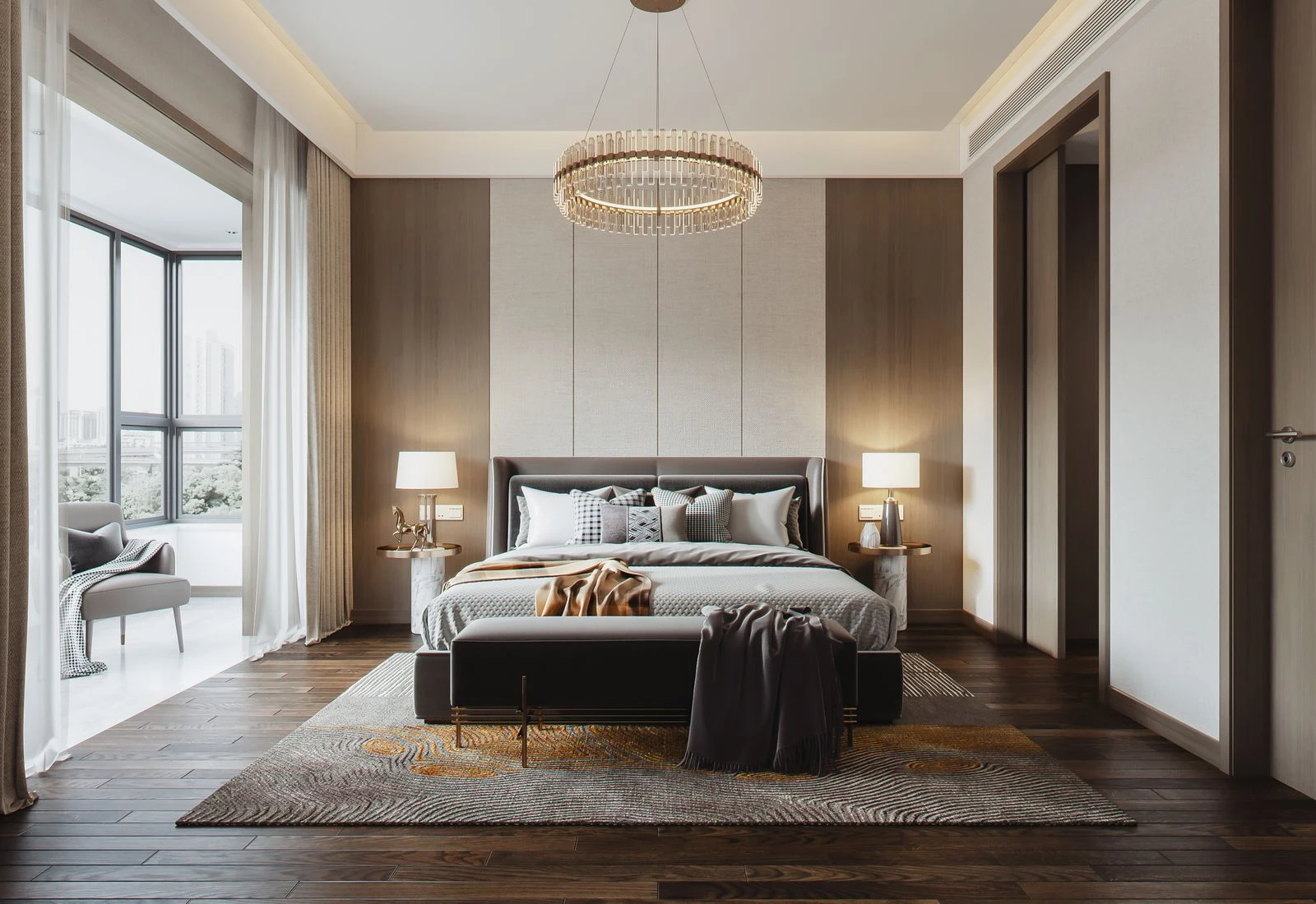 Contemporary principal bedroom with a brass pendant, upholstered bedhead and a window seat